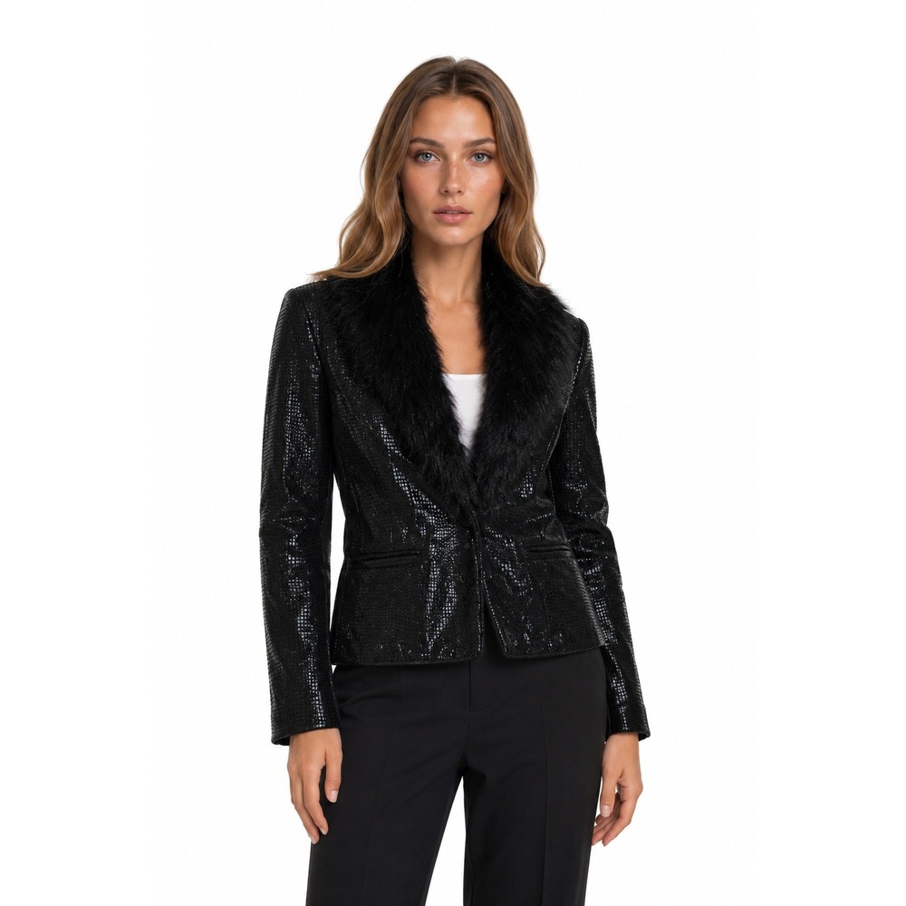 NWT Chico's Coat Jacket Women's US Size Medium Black Faux Leather Shine